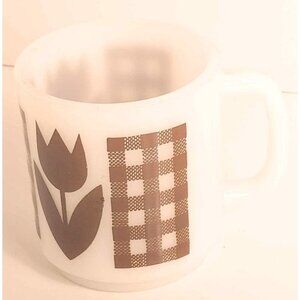 Glasbake Vintage Brown Tulip Gingham 9oz Coffee  Cocoa Tea Mug Milk Glass MCM
